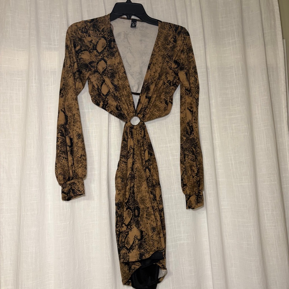 Windsor‎ Mini Dress Womens Brown Snakeskin Cutout O-Ring Deep V Long Sleeve Sexy - Picture 3 of 5